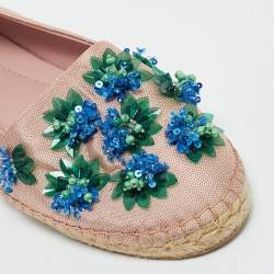 Pre Owned Dior Crepè Pink Floral Embellished Canvas Espadrille Loafers Size 38