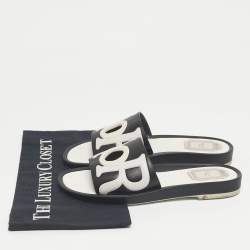 مملوكة مسبقًا Dior Black/White Leather Marina Flat Slides Size 37