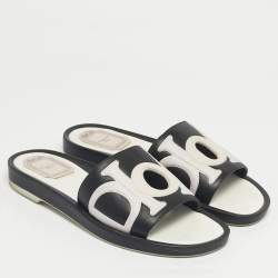 مملوكة مسبقًا Dior Black/White Leather Marina Flat Slides Size 37