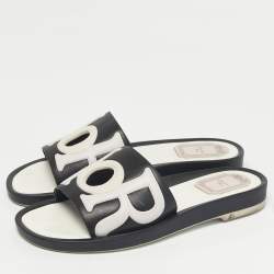 مملوكة مسبقًا Dior Black/White Leather Marina Flat Slides Size 37