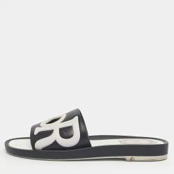 Pre Owned Dior Black/White Leather Marina Flat Slides Size 37