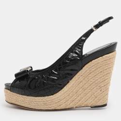 Pre Owned  Dior Black Cannage Patent Leather Espadrille Wedge Sandals Size 40