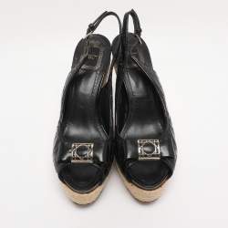 Pre Owned  Dior Black Cannage Patent Leather Espadrille Wedge Sandals Size 40