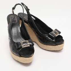 Pre Owned  Dior Black Cannage Patent Leather Espadrille Wedge Sandals Size 40