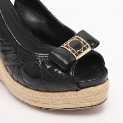 Pre Owned  Dior Black Cannage Patent Leather Espadrille Wedge Sandals Size 40