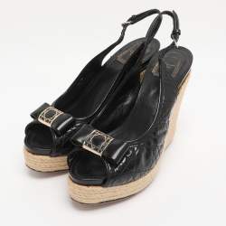 Pre Owned  Dior Black Cannage Patent Leather Espadrille Wedge Sandals Size 40