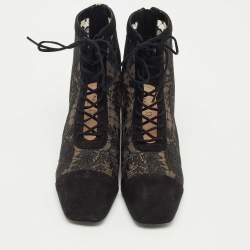 Pre Owned Dior Black Lace and Suede Naughtily D Ankle Length Boots Size 38.5