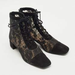 Pre Owned Dior Black Lace and Suede Naughtily D Ankle Length Boots Size 38.5