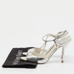Pre Owned Dior Metallic Silver Python Effect Leather Ankle Strap Sandals Size 39