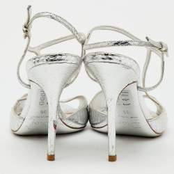 Pre Owned Dior Metallic Silver Python Effect Leather Ankle Strap Sandals Size 39