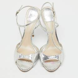 Pre Owned Dior Metallic Silver Python Effect Leather Ankle Strap Sandals Size 39