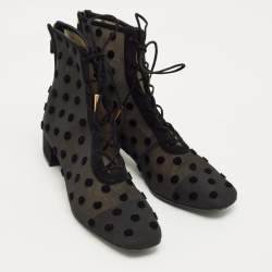 Pre Owned Dior Black Lace and Suede Naughtily D Ankle Length Boots Size 38.5