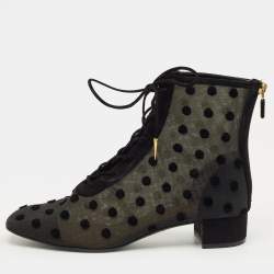 Pre Owned Dior Black Lace and Suede Naughtily D Ankle Length Boots Size 38.5