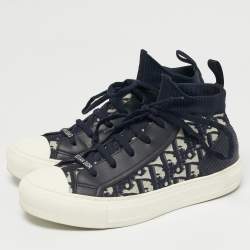 Pre Owned Dior Navy Blue Knit Fabric and Leather Walk'n'Dior Mid Top Sneakers Size 38