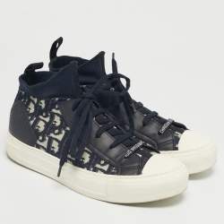 Pre Owned Dior Navy Blue Knit Fabric and Leather Walk'n'Dior Mid Top Sneakers Size 38