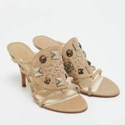 Pre Owned Dior Beige Leather and Suede Studded Embellish Slide Sandals Size 36