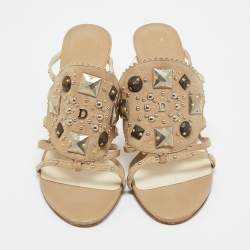 Pre Owned Dior Beige Leather and Suede Studded Embellish Slide Sandals Size 36