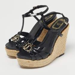 Pre Owned Dior Black Patent Strappy Wedge Sandals Size 36