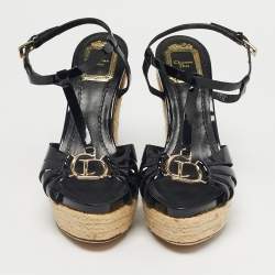 Pre Owned Dior Black Patent Strappy Wedge Sandals Size 36