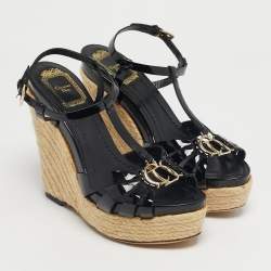 Pre Owned Dior Black Patent Strappy Wedge Sandals Size 36