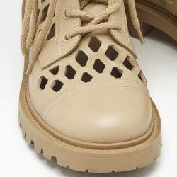 Pre Owned Dior Beige Leather Laser Cut Accents Combat Boots Size 37.5