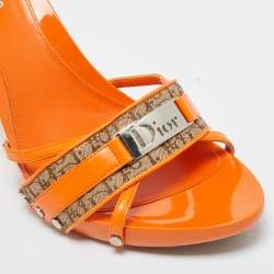 Pre Owned Dior Orange/Beige Monogram Canvas and Leather Slide Sandals Size 40