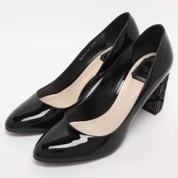Pre Owned Dior Black Patent Leather Embellished Block Heel Pumps Size 39.5