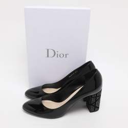 Pre Owned Dior Black Patent Leather Embellished Block Heel Pumps Size 39.5