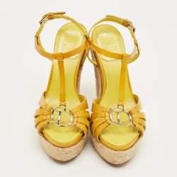 Pre Owned Dior Yellow Patent Leather CD T-Strap Espadrille Wedge Sandals Size 35.5