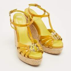 Pre Owned Dior Yellow Patent Leather CD T-Strap Espadrille Wedge Sandals Size 35.5