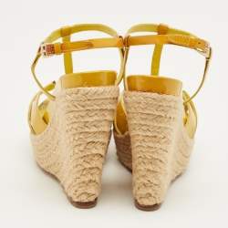Pre Owned Dior Yellow Patent Leather CD T-Strap Espadrille Wedge Sandals Size 35.5