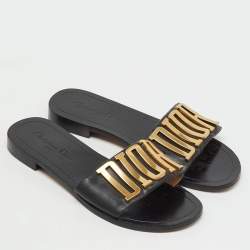 Pre Owned Dior Black Leather Diorevolution Logo Flat Slide Sandals Size 39