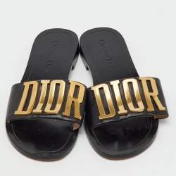 Pre Owned Dior Black Leather Diorevolution Logo Flat Slide Sandals Size 39