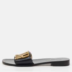 Pre Owned Dior Black Leather Diorevolution Logo Flat Slide Sandals Size 39