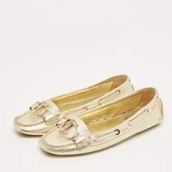 Pre Owned Dior Gold Leather CD Logo Slip On Loafers Size 39