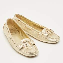 Pre Owned Dior Gold Leather CD Logo Slip On Loafers Size 39