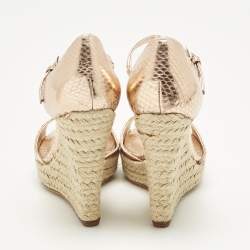 Pre Owned Dior Gold Rose Snakeskin Embossed Leather Wedge Sandals Size 36