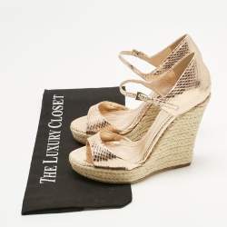 Pre Owned Dior Gold Rose Snakeskin Embossed Leather Wedge Sandals Size 36
