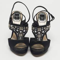 Pre Owned Dior Black Satin Crystal Embellished Ankle Strap Sandals Size 37.5