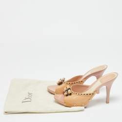 Pre Owned Dior Beige Patent Leather Idyll Studded Slide Sandals Size 38.5