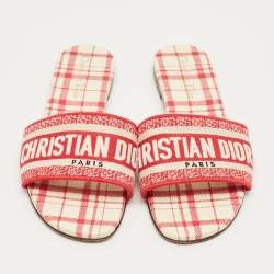 Pre Owned Dior Red/White Embroidered Canvas Dway Flat Slides Size 38