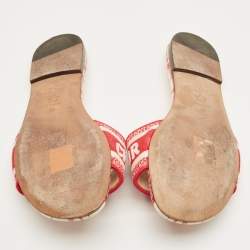 Pre Owned Dior Red/White Embroidered Canvas Dway Flat Slides Size 38