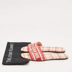 Pre Owned Dior Red/White Embroidered Canvas Dway Flat Slides Size 38