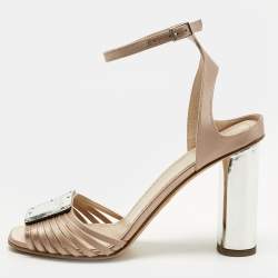 Pre Owned Dior Beige Satin Ankle Strap Block Heel Sandals Size 39