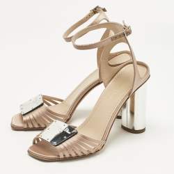 Pre Owned Dior Beige Satin Ankle Strap Block Heel Sandals Size 39