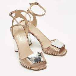 Pre Owned Dior Beige Satin Ankle Strap Block Heel Sandals Size 39