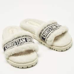 Pre Owned Dior White/Navy Blue Shearling Fur and Logo Canvas Dway Flat Slides Size 38