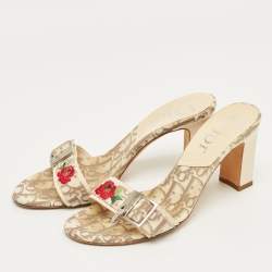 Pre Owned Dior Beige Coated Canvas Flower Embroidered Slide Sandals Size 37