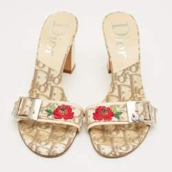 Pre Owned Dior Beige Coated Canvas Flower Embroidered Slide Sandals Size 37