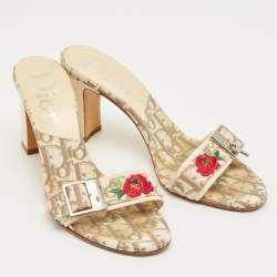 Pre Owned Dior Beige Coated Canvas Flower Embroidered Slide Sandals Size 37
